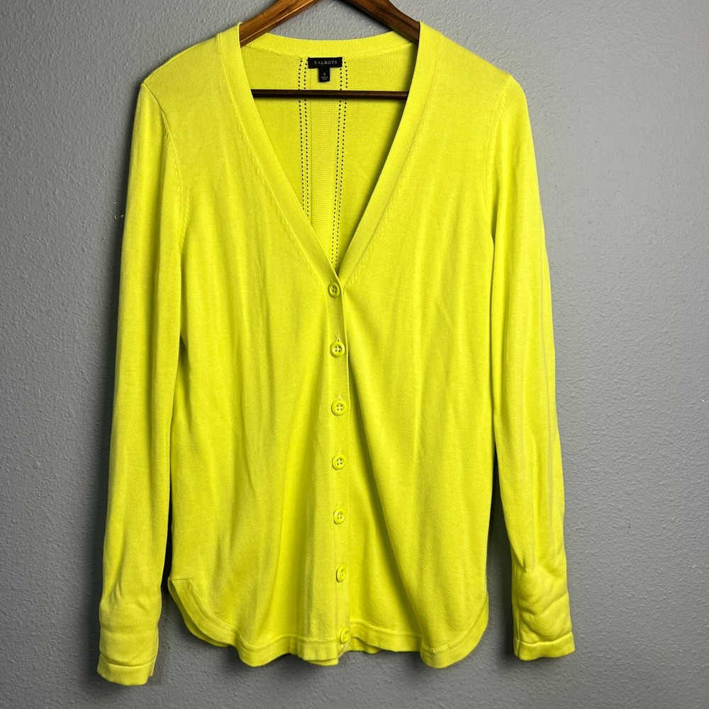 Talbots Cotton Blend Cardigan Sweater Button Front Knit Top Chartreuse Size S‎